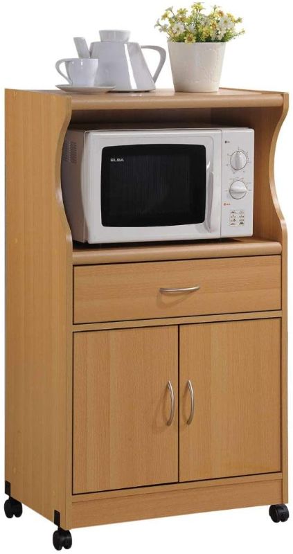 Photo 1 of *MISSING hardware, wheels and manual* 
HODEDAH IMPORT Microwave Cart with One Drawer, Two Doors, and Shelf for Storage, Beech, 45.3” W x 15.6” D x 23.6” H
