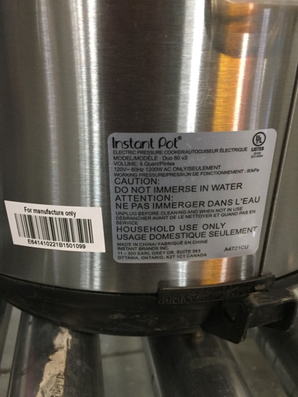 Photo 7 of *SEE last pictures for damage*
Instant Pot Duo 7-in-1 Electric Pressure Cooker, 8 Quart, Stainless Steel/Black
