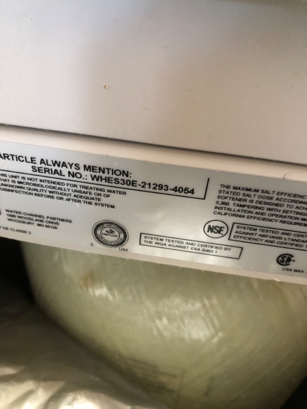 Photo 8 of *unable to test*
*MISSING components*
Whirlpool WHES30E 30,000 Grain Softener | Salt & Water Saving Technology | NSF Certified | Automatic Whole House Soft Water Regeneration, 0.75 inches, Off-White
