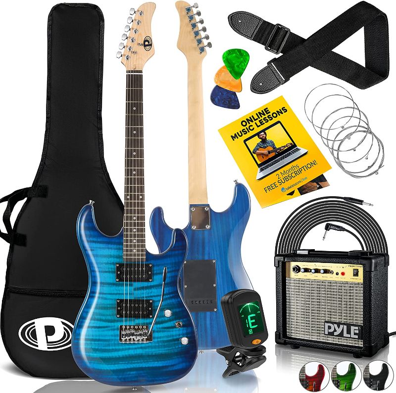 Photo 1 of *USED*
*MISSING extra string*
*SEE last picture for damage*
Pyle Electric Guitar and Amp Kit - Full Size Instrument w/Humbucker Pickups Bundle Beginner Starter Package Includes Amplifier, Case, Strap, Tuner, Pick, Strings, Cable, Tremolo - (Blue)
