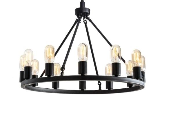 Photo 1 of *NOT exact stock picture, use for reference*
*MISSING hardware and components* 
*USED*
Black 12-light Metal Round Chandelier