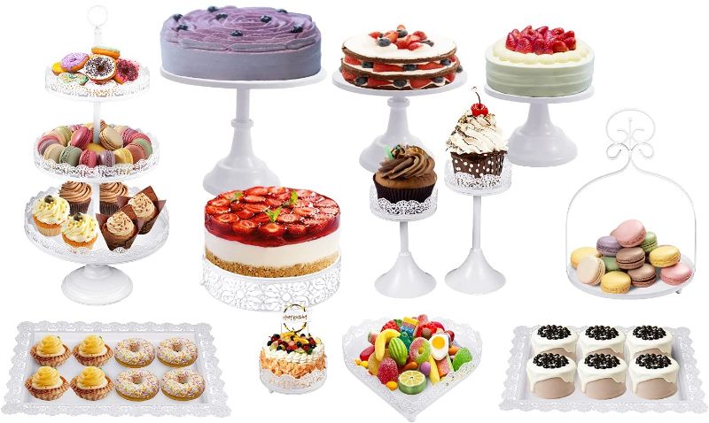 Photo 1 of 12 Set Cake Stands Iron Cupcake Holder, Retro Pastry Trays Fruits Dessert Display Plate White for Baby Shower Wedding Birthday Party Celebration Home Decor Serving Platter
