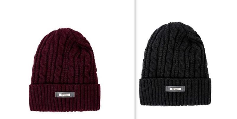 Photo 1 of HIG Mens Winter Hat Warm Comfortable Soft Knit Beanie Hats Lined with Fleece (2-pack - black & maroon)
