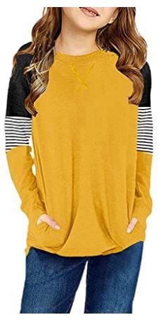 Photo 1 of SELINK Girl's Casual Big Kids Long Sleeve Striped Color Block Casual Tees with Pockets Yellow L
