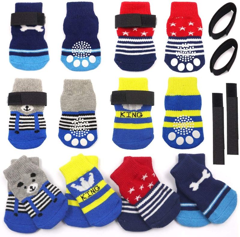 Photo 1 of 2 PACKS OF N//A 4 Pairs Anti-Slip Dog Socks with Adjustable Straps, Pet Paw Protection Rubber Sole for Puppy Cat Indoor Outdoor Wear on Hardwood Floor
