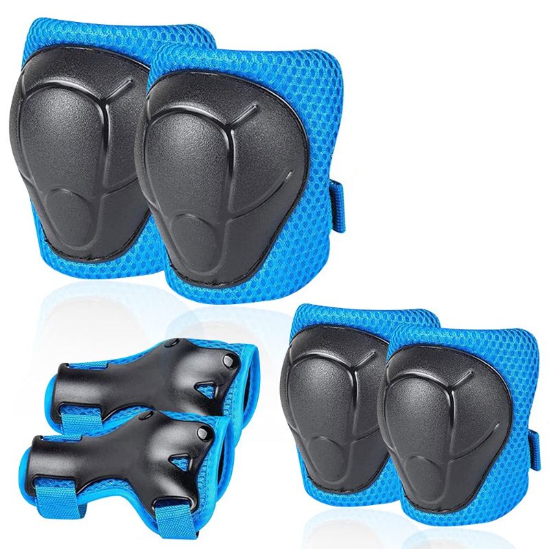 Photo 1 of 2 SETS -Kids Protective Gear Set Knee Pads Elbow Pads Wrist Guards 3 in 1 Safety Pads Set for Kids 3-8 Years Old- 6 Pcs Bike Protective Gear Kids Scooter Cycling Skating ((Oval) Blue, One Size)
