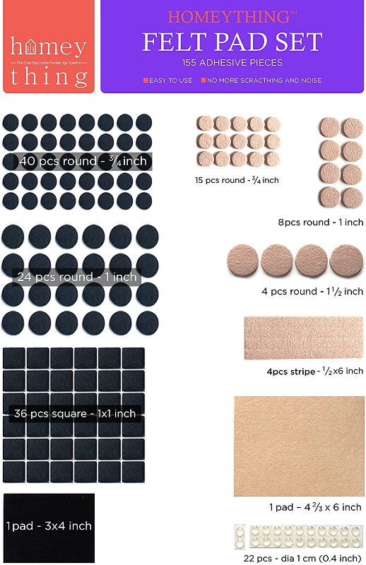 Photo 1 of 2 PACKS -Felt Pads Furniture Pads by HOMEYTHING, Amazing Furniture Pads,155 Piece in Two Colors Pack. Gripper Feet, Felt Furniture Pads Feet Black 101 + Beige 32 in Assorted Sizes + Clear Bumper 22 Piece.