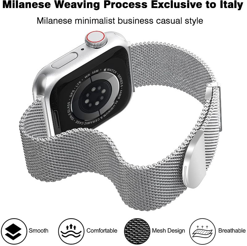 Photo 1 of (WATCH BAND ONLY) 2-Metal Watch Band Compatible with Apple Watch Band 38mm 40mm 41mm 42mm 44mm 45mm Women Men, Magnetic Stainless Steel Milanese Loop Strap for iWatch Series 7 6 5 4 3 2 1 SE Silver(Patents Pending)
