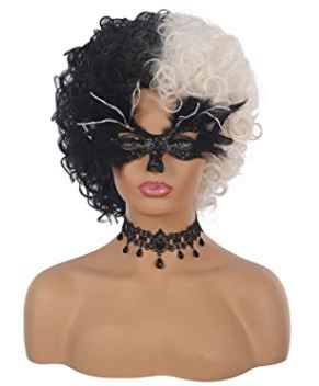 Photo 1 of Cosplay Costume Wigs with Mask Cruella Devil Child Black and White Heat Resistant Synthetic Adult Hairs for Role Play Party Halloween
