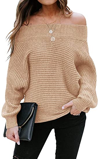 Photo 1 of Foshow Womens Off Shoulder Batwing Sleeve Pullover Oversized Ribbed Knit Sweaters Casual Sexy Slouchy Jumper Tunic Tops- MEDIUM 
