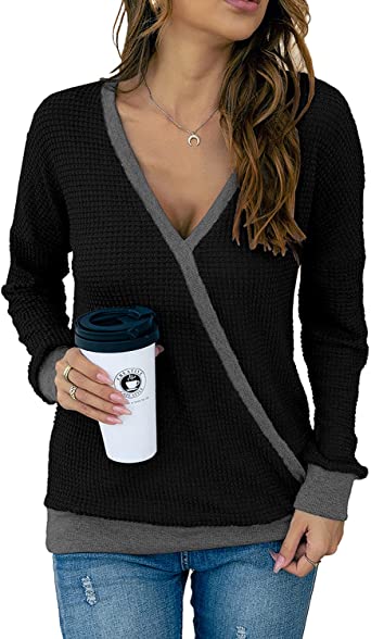 Photo 1 of LuckyMore Womens V Neck Wrap Sweater Knitted Long Sleeve Sexy Pullover Jumper Sweaters Tops- XL 