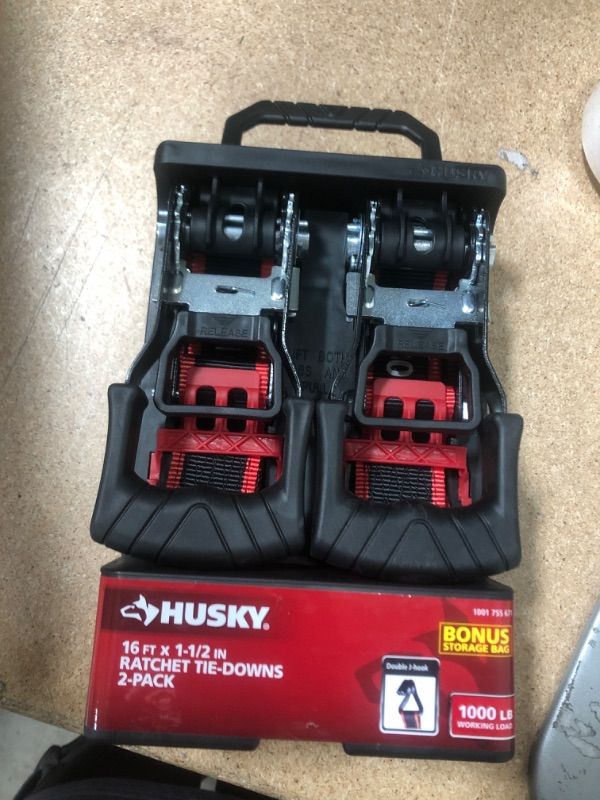 Photo 1 of **PACK OF 5**
16 ft. x 1-1/2 in. Ratchet Tie-Down Straps with J Hook (2-Pack)