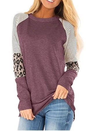 Photo 1 of **SET OF 2** 
Leopard Print Tops for Women Long Sleeve Crew Neck Patchwork T Shirt Blouse (2XL)
