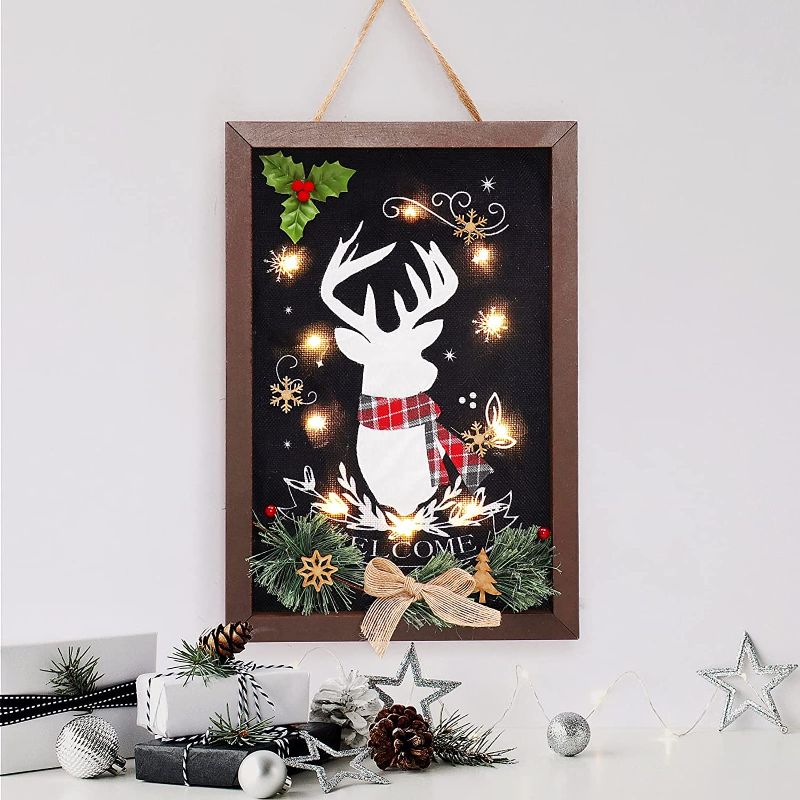 Photo 1 of **SET OF 2**
QTDLXFA Christmas Lighted Wall Decor, Rustic Decorative Wood Sign with Reindeer Embroidery Welcome Sign, Wood Hanging Wall Art Xmas Home Decoration - 11 x 16 Inch (Black)
