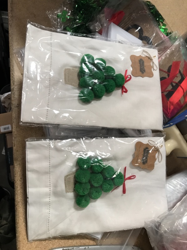 Photo 2 of **SET OF 2**
Mud Pie POM POM Tree Towel, White, Green, 21" x 14"
