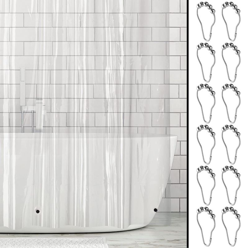 Photo 1 of **SET OF 2**
mDesign Plastic, Water-Resistant, Heavy Duty PEVA Shower Curtain Liner, 12 Stainless Steel Roller Hook for Showers and Bathtubs - 3 Gauge, 72 inches x 96 inches - Clear/Chrome