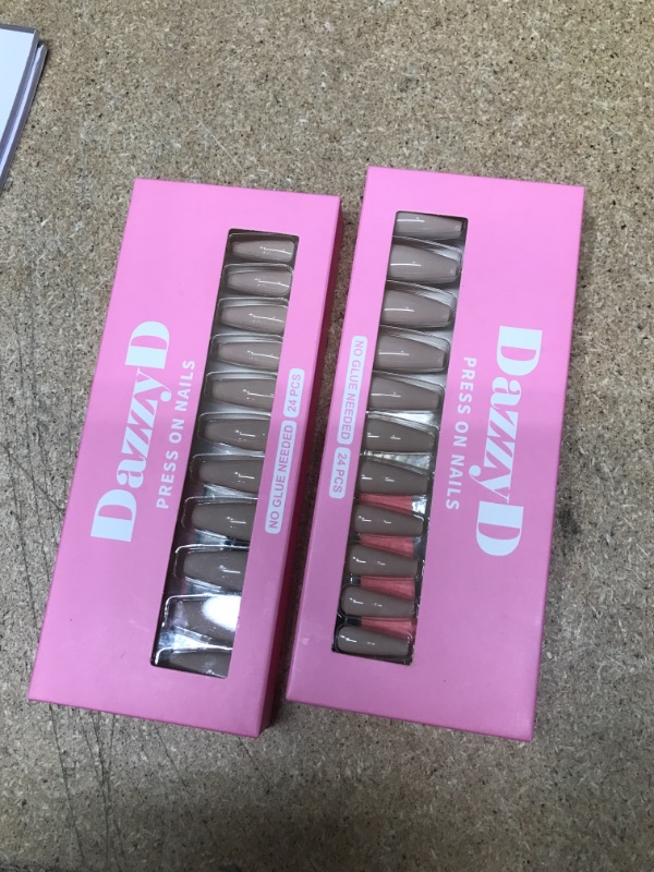 Photo 2 of **SET OF 2**
DazzyD Nude Beige Coffin Press on Nails (24 Pcs) No Glue Needed, Reusable Glossy Long Square Ballerina Stick on Nails, Natural Nails with Sticky Tabs and Nail File
