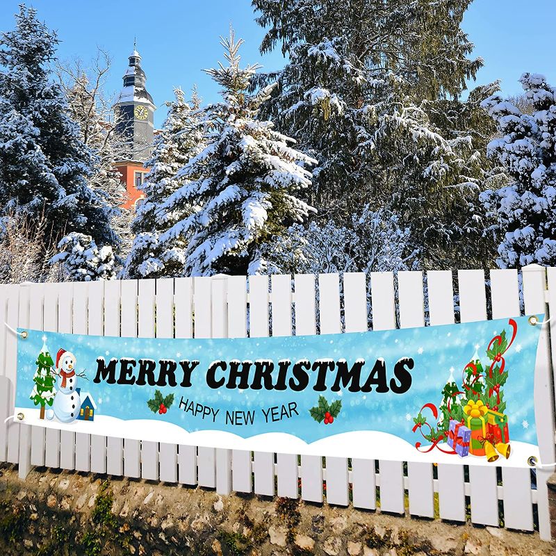 Photo 1 of **SET OF 2**
Large Merry Christmas Banner Snowman Christmas Tree Christmas Gift pattern New Year Party Indoor and Outdoor Hanging Decorations 120'' x 20''
