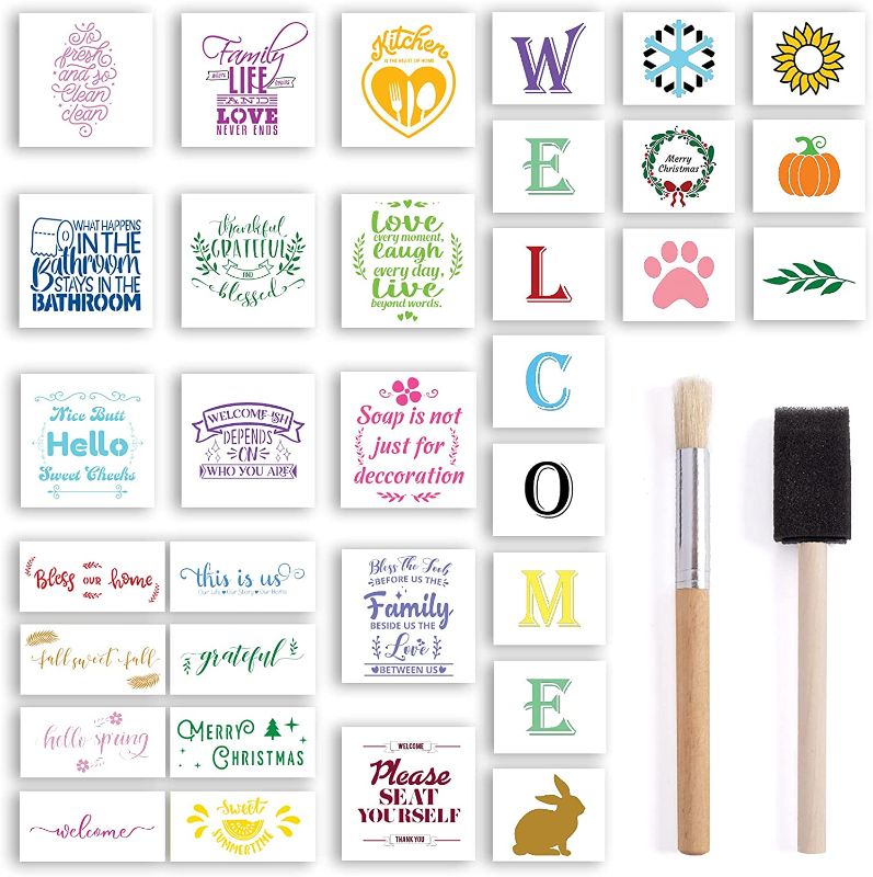 Photo 1 of **SET OF 2**
Stencils for Painting Set Home Signs - 33 Pcs Wood House Art Lettering Template Decor for Wall 2 Brushes - Cursive Modern Handwriting Script Font - Individual Pack Frame Letters with Brush Supplies
