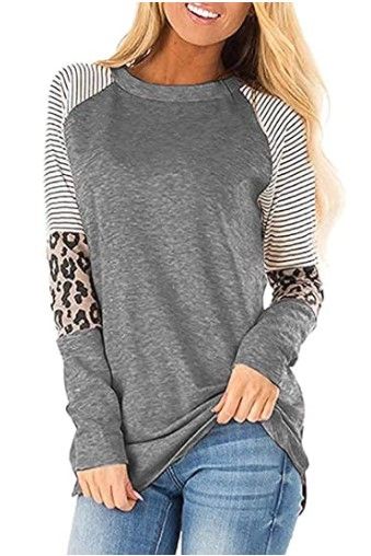 Photo 1 of **SET OF 2**
Leopard Print Tops for Women Long Sleeve Crew Neck Patchwork T Shirt Blouse (Large)
