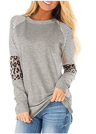 Photo 1 of **set of 2**
Leopard Print Tops for Women Long Sleeve Crew Neck Patchwork T Shirt Blouse (XL)
