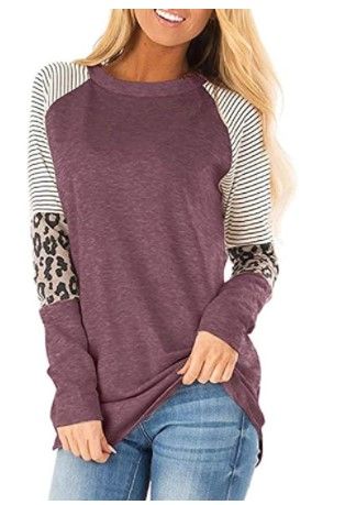 Photo 1 of **SET OF 2**
Leopard Print Tops for Women Long Sleeve Crew Neck Patchwork T Shirt Blouse (Small)
