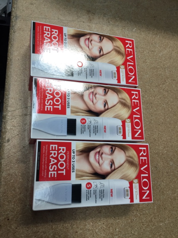 Photo 1 of EXP:02/2022 **SOLD AS IS, NON-REFUNDABLE** PACK OF 3
Revlon Root Erase Permanent Hair Color, At-Home Root Touchup Hair Dye with Applicator Brush for Multiple Use, 100% Gray Coverage, Light Blonde (9), 3.2 oz