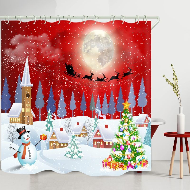Photo 1 of **SET OF 2**
Fabric Shower Curtain with Art Christmas Village Printed for Bathroom ,Red Sky Christmas Deer Cart Wide Waterproof Toilet Curtains for Bathtub, Polyester Bath Curtain Hooks & Liners?72 x79 inches?
