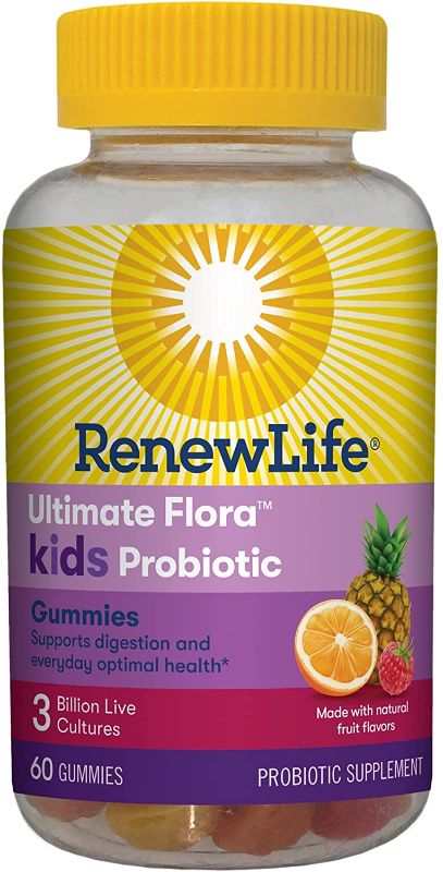 Photo 1 of EXP:04/2022 **SOLD AS IS, NON-REFUNDABLE**
Renew Life Kids Probiotic - Ultimate Flora Kids Probiotic Gummies Probiotic Supplement- Dairy & Soy Free - 3 Billion CFU - Fruit Flavor, 60 Chewable Gummies