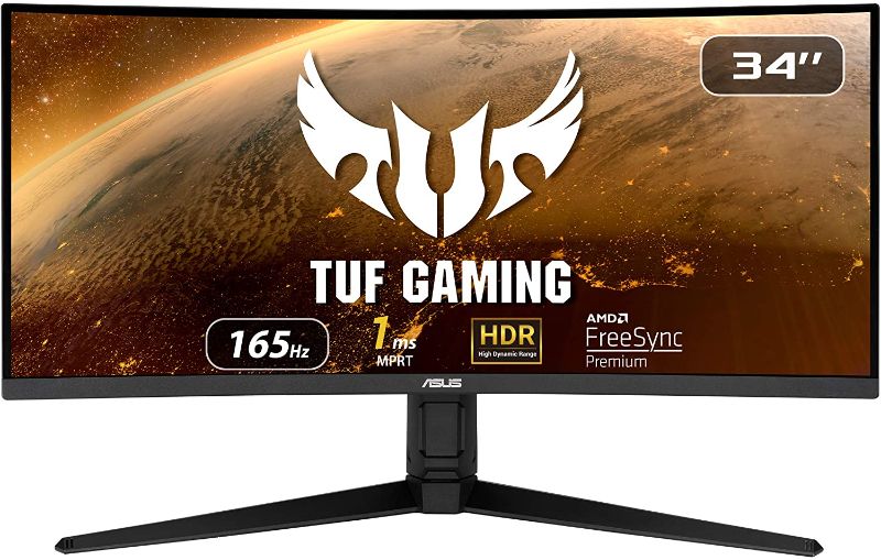 Photo 1 of ASUS TUF Gaming VG34VQL1B 34” Curved HDR Monitor, WQHD (3440x1440), 165Hz, 1ms, Extreme Low Motion Blur, FreeSync Premium, Eye Care, DisplayPort HDMI USB, Height Adjustable, DisplayHDR 400, Black