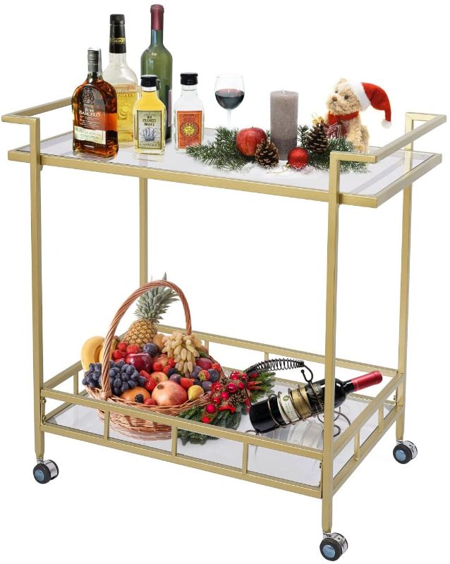 Photo 1 of ***OPEN BOX***
Gold Rolling Wine Bar Cart 2 Tiered Glass Shelves with Lockable Casters for Home Kitchen Club, 30" Lx17“ Wx31” H
