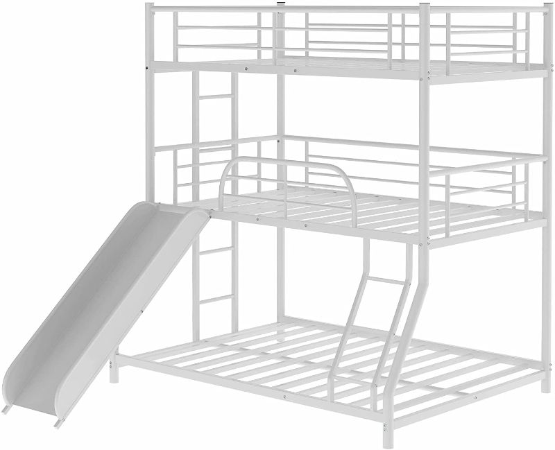 Photo 1 of ***INCOMPLETE, BOX 2 OF 2*** Metal Triple Bunk Bed with Slide, Twin Over Twin Over Full Triple Bunk Bed with Long and Short Ladder and Full-Length Guardrails Metal Bunk Beds for Kids Teens Adults (3 Beds in 1, White)
