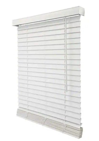 Photo 1 of ***small bends***   Basic Collection Pre-Cut White Cordless Room Darkening Faux Wood Blind with 2 in. Slats 81 in. W
