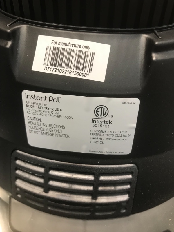 Photo 4 of Instant Pot Air Fryer Lid 6 in 1, No Pressure Cooking Functionality, 6 Qt, 1500 W *parts Only * lid won't turn on 