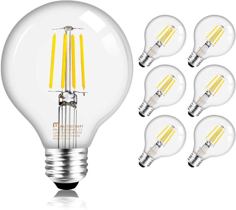 Photo 1 of Mastery Mart Dimmable Vintage LED Globe Light Bulb, G25 Glass Edison Style, 5.5W (75 Watt Equivalent), 4000K Cool White, E26 Decorative Filament Bulb