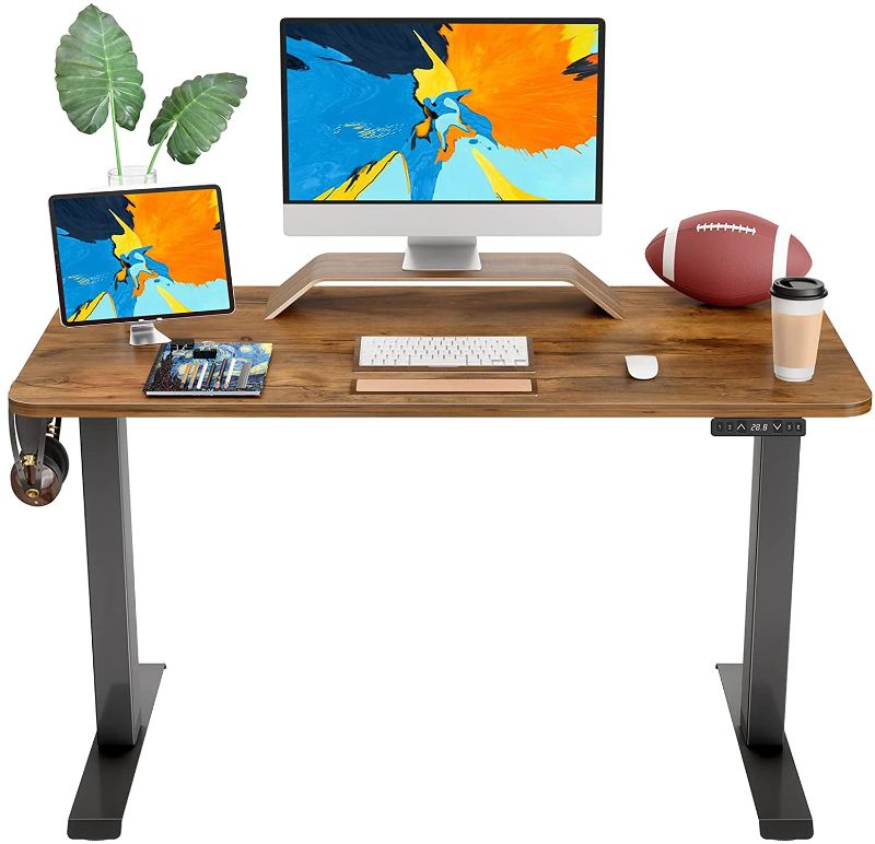 Photo 1 of FAMISKY Standing Desk Dual Motors, Adjustable Height Electric Stand up Desk, 48 x 24 Inches Sit Stand Home Office Desk, Ergonomic Workstation Black Steel Frame/Rustic Brown Wood Tabletop
