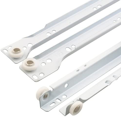 Photo 1 of PRIME-LINE R 7212 Drawer Slide Kit – Replace Drawer Track Hardware – Self-Closing Design –Fits Most Bottom/ Side-Mounted Drawer Systems –19-3/4” Steel Tracks, Plastic Wheels, White 1 Pair (2 LH, 2 RH)
