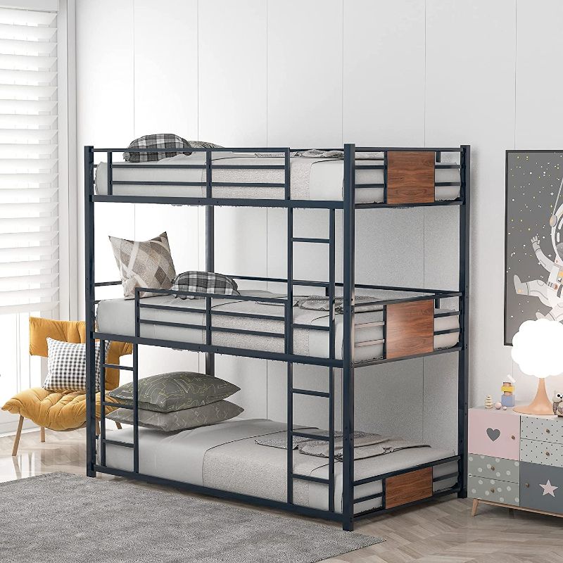 Photo 1 of ** BOX 3 OF 3 ONLY**Twin Triple Bunk Bed with Safety Guardrail & Ladder,Sturdy Metal Bedframe,3 in 1 Bunkbeds for Teen/Kids Bedroom,77.9"×41.3"×W*76.7" H, Black
