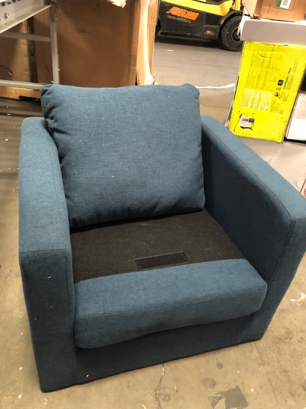 Photo 2 of ***MISSING BOTTOM CUSHION, MISSING HARDWARE***  Hahn Modern Fabric Swivel Club Chair, Navy Blue and Chrome
