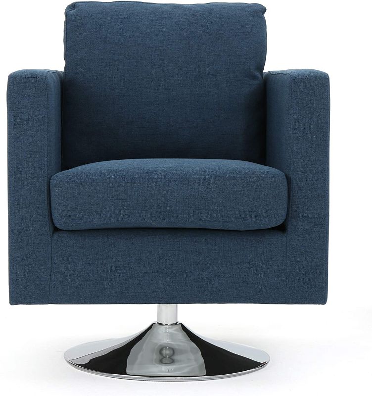 Photo 1 of ***MISSING BOTTOM CUSHION, MISSING HARDWARE***  Hahn Modern Fabric Swivel Club Chair, Navy Blue and Chrome
