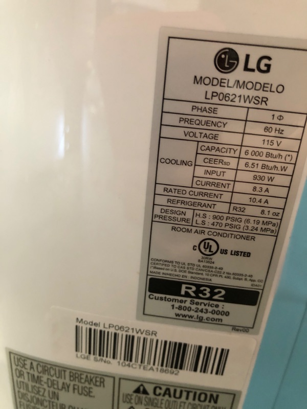 Photo 4 of LG 6,000 BTU (DOE) / 8,000 BTU (ASHRAE) Portable Air Conditioner, Cools 250 Sq.Ft. (10' x 25' room size), Quiet Operation, LCD Remote, Window Installation Kit Included, 115V
