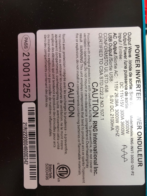 Photo 3 of (MISSING POWER CORDS)
Renogy 3000W 12V Pure Sine Wave Inverter 3000 Watt Solar Power Battery Converter 12VDC to 120Vac ETL Listed
