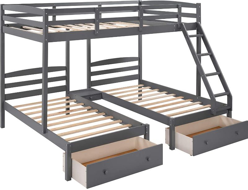 Photo 1 of 1 BOX ONLY NOT COMPLETE Bed Full Over 2 Twin Bunk Bed with 3 Drawers and Guardrails, Bunk Bed for Family, Teens, No Box Spring Needed WF286892