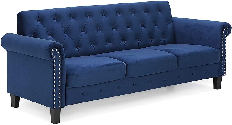 Photo 1 of **INCOMPLETE MISSING BOXES**FURINNO Bastia Vintage Modern Chesterfield Button Tufted 3-Seater Sofa Couch for Living Room, Navy Velvet
