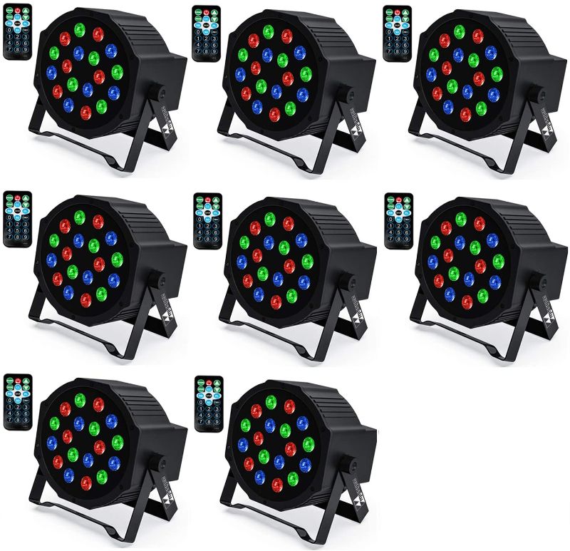 Photo 1 of Uplights 18 RGB Led Stage Lights, Missyee Sound Activated DMX Uplighting, LED Par Can Lights with Remote Control, DJ Uplighting Package for Wedding Birthday Home Party (8 pcs)
