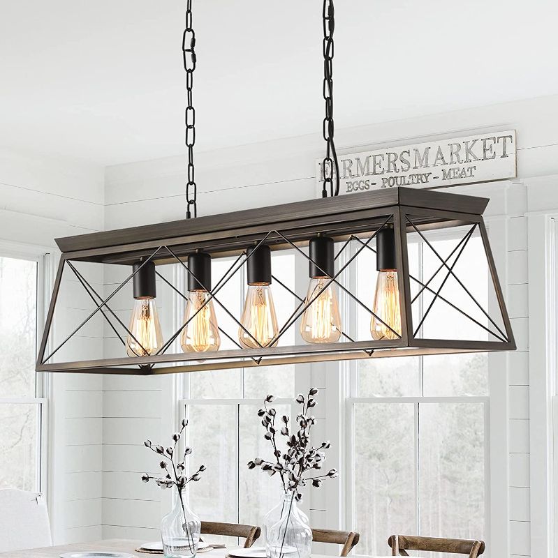 Photo 1 of ***SIMILAR TO COVER PHOTO*** Farmhouse Briarwood Linear Chandelier, Kitchen Island Lighting, Ceiling Hanging Dining Room Light Fixture, Antique Bronze, 5-Light Pendant
