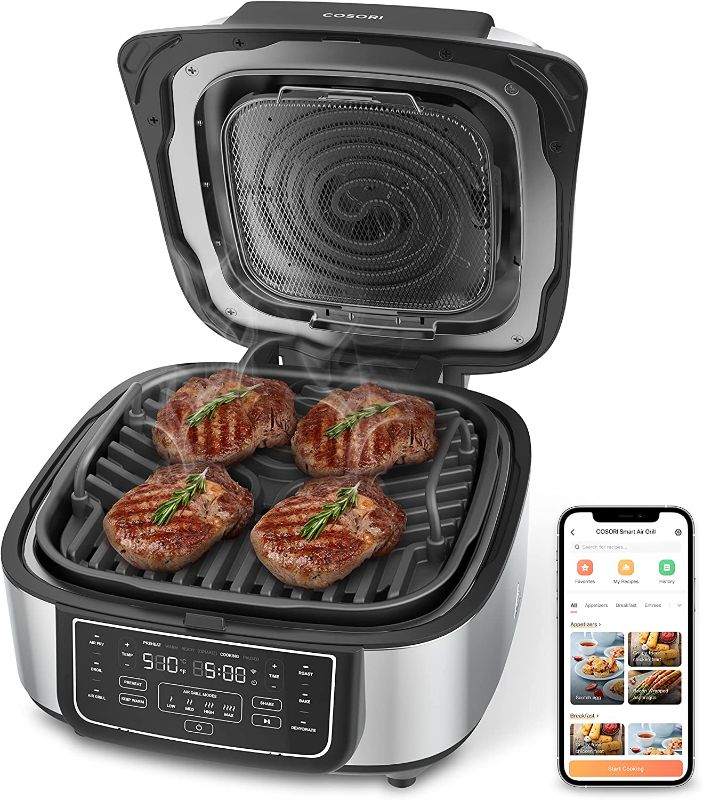 Photo 1 of  COSORI Indoor Grill & Smart XL Air Fryer Combo Aeroblaze, 8-in-1, 6QT, Grill, Broil, Roast, Bake, Crisp, Dehydrate, Preheat & Shake Remind & Keep Warm, Works with Alexa & Google Assistant, Black 16.2 x 13.7 x 10.4 inches

