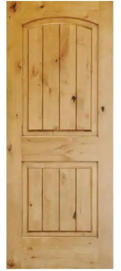 Photo 1 of **MINOR WARE FROM SHIPPING** Krosswood Doors
30 in. x 80 in. Knotty Alder 2 Panel Top Rail Arch V-Groove Solid Wood Right-Hand Single Prehung Interior Door