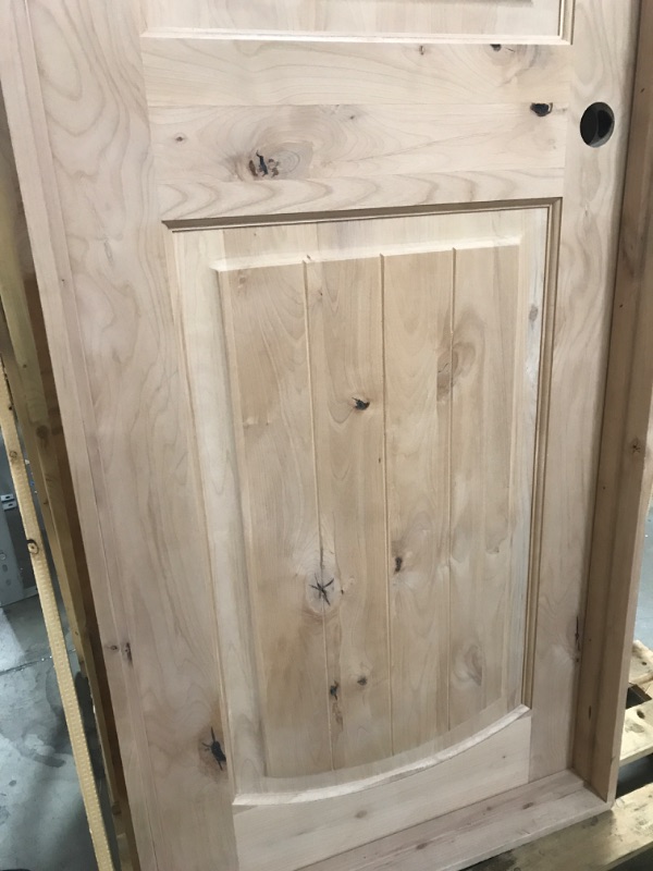 Photo 2 of **MINOR WARE FROM SHIPPING* Krosswood Doors
30 in. x 80 in. Knotty Alder 2 Panel Top Rail Arch V-Groove Solid Wood Right-Hand Single Prehung Interior Door