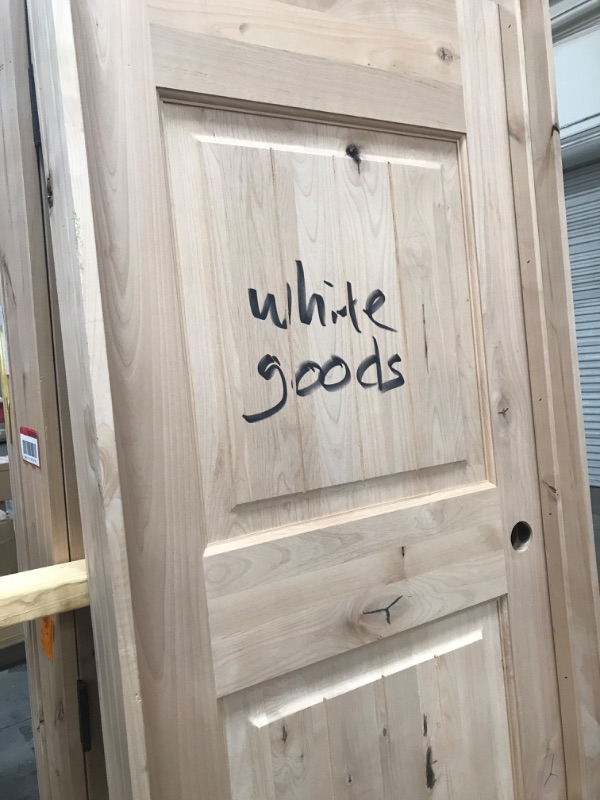 Photo 3 of **MINOR WARE FROM SHIPPING* Krosswood Doors
30 in. x 80 in. Knotty Alder 2 Panel Top Rail Arch V-Groove Solid Wood Right-Hand Single Prehung Interior Door